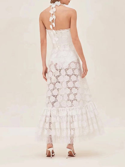 Floral Lace Spaghetti Strap 3D Floral Applique Tiered Ruffle Hem Maxi Dress