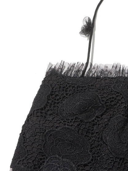 Floral Lace Spaghetti Strap 3D Floral Applique Tiered Ruffle Hem Maxi Dress
