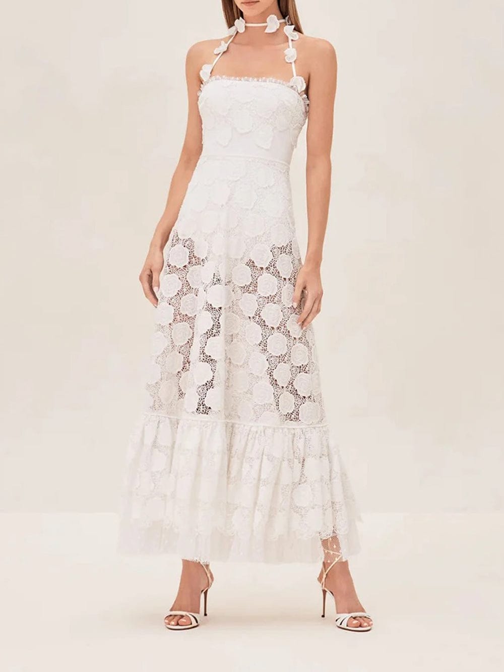 Floral Lace Spaghetti Strap 3D Floral Applique Tiered Ruffle Hem Maxi Dress