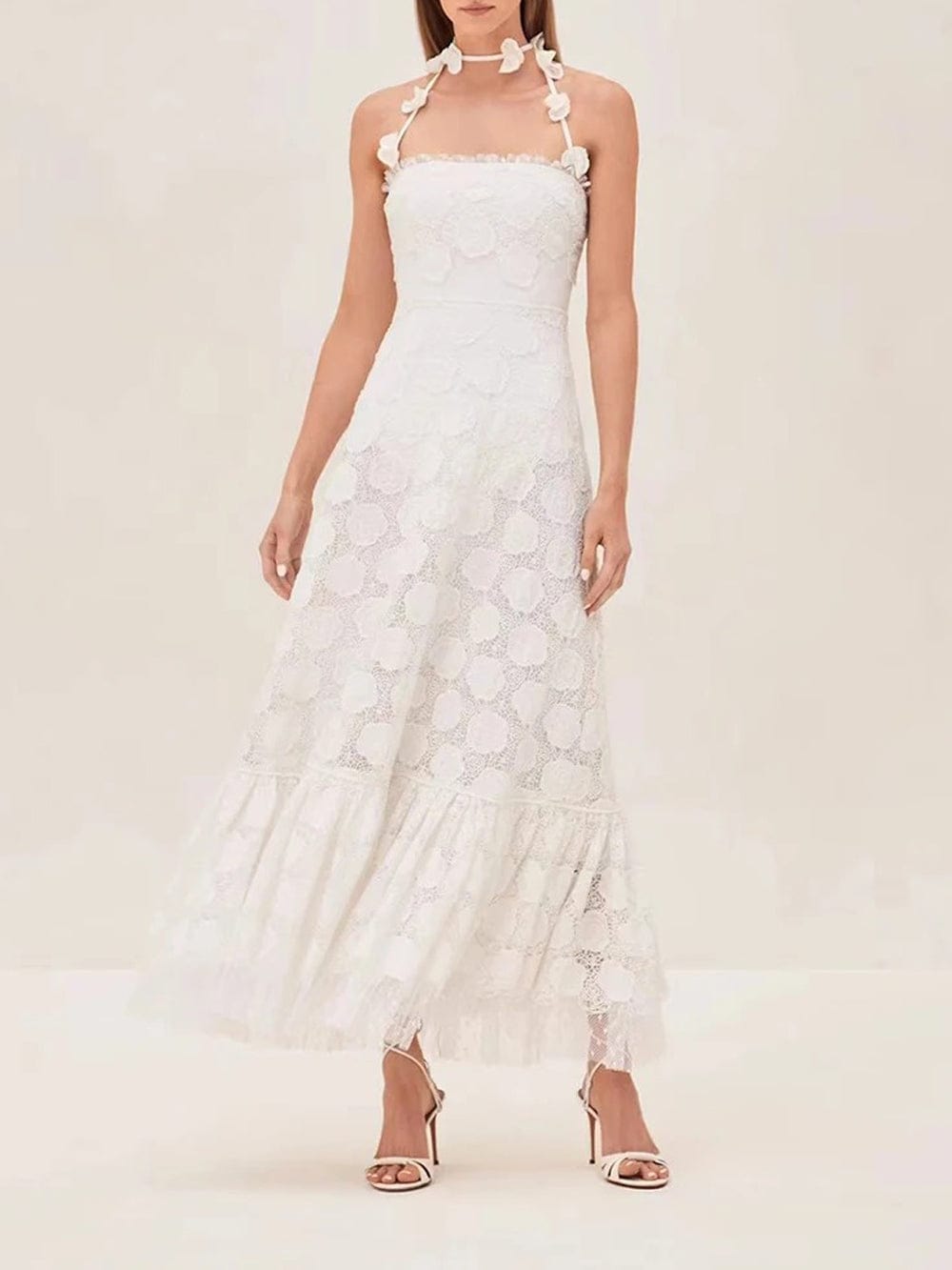 Floral Lace Spaghetti Strap 3D Floral Applique Tiered Ruffle Hem Maxi Dress