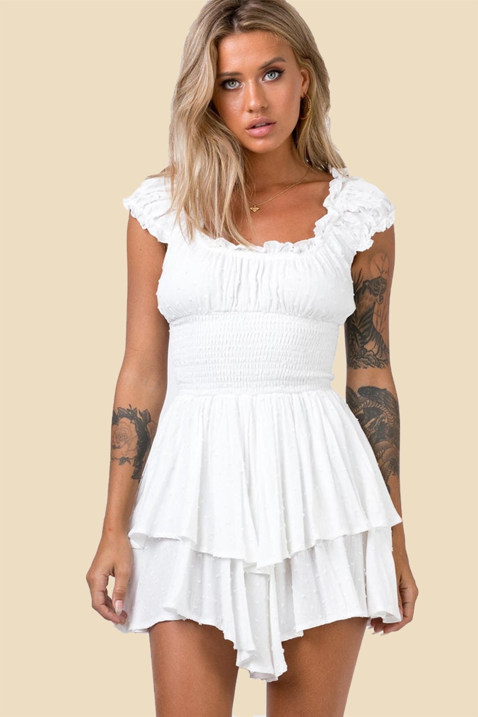 Sweetheart Cap Sleeve Smocked Bodice Tiered Ruffle Mini Dress