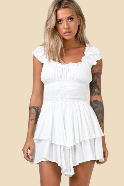 Sweetheart Cap Sleeve Smocked Bodice Tiered Ruffle Mini Dress