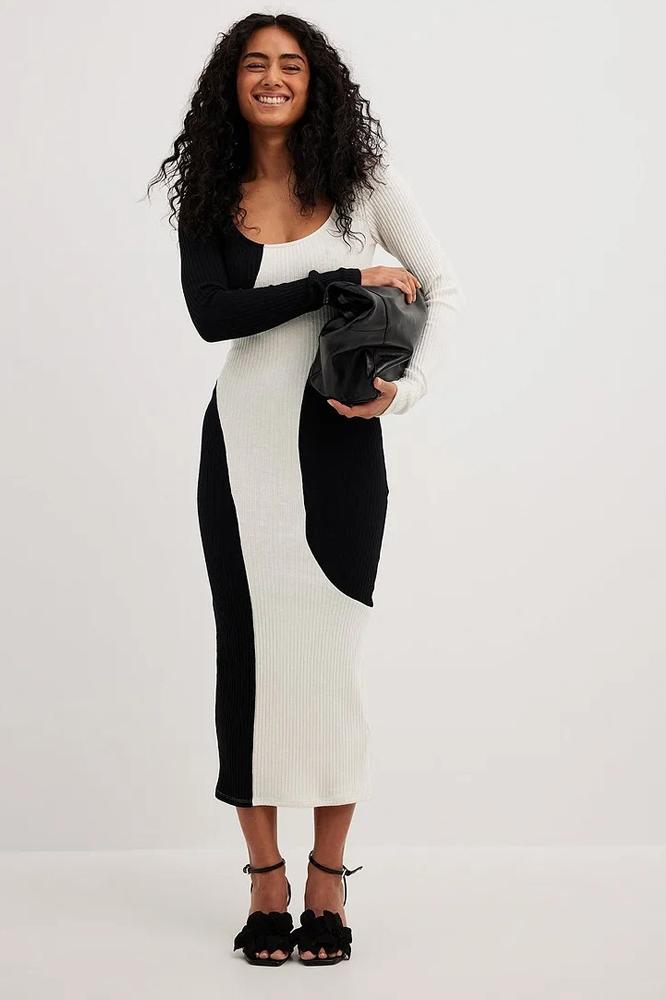 Rib Knit Scoop Neck Asymmetric Colorblock Bodycon Midi Dress