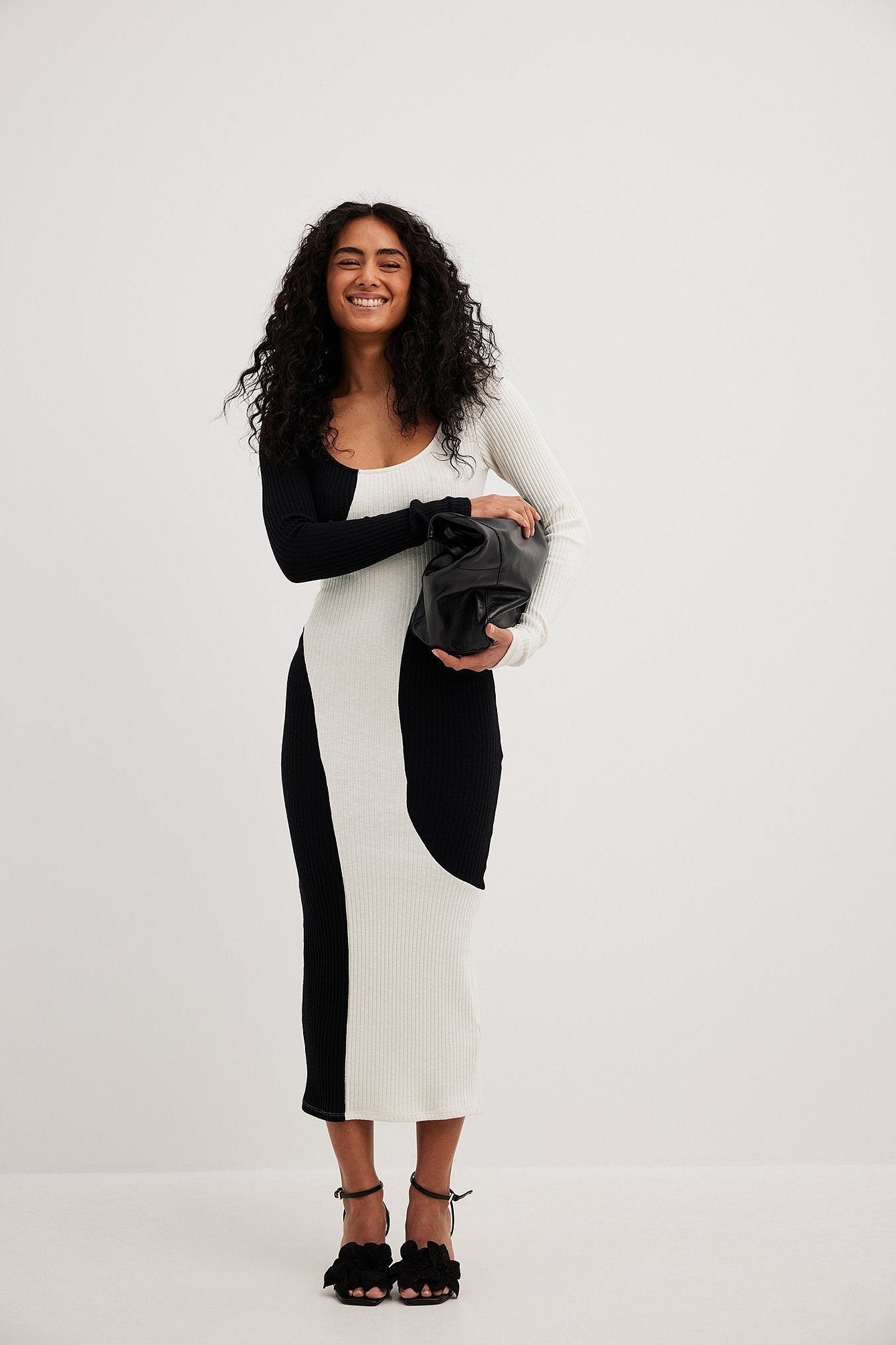 Rib Knit Scoop Neck Asymmetric Colorblock Bodycon Midi Dress