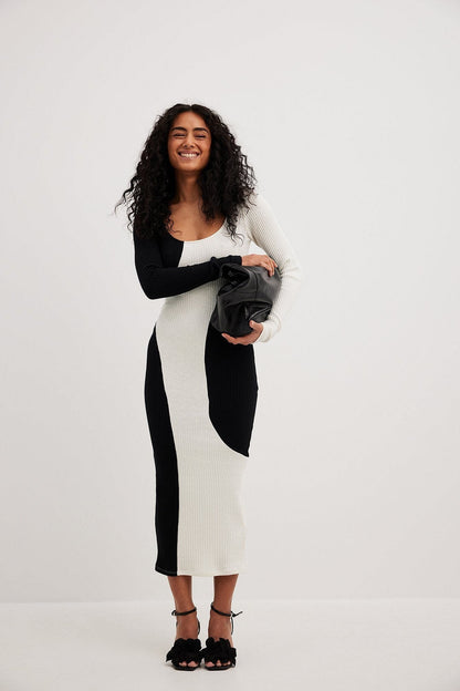Rib Knit Scoop Neck Asymmetric Colorblock Bodycon Midi Dress