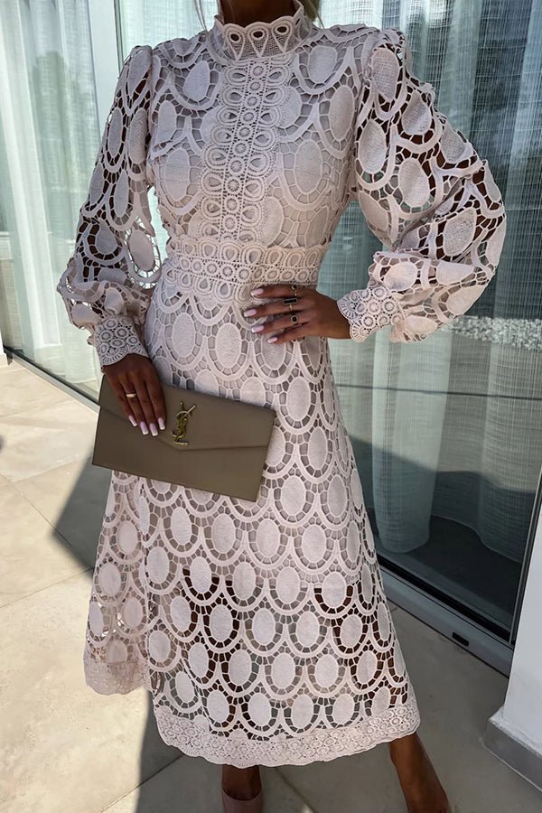 Mock Neck Puff Sleeve Eyelet Lace Inset Waist Scalloped Hem Midi Dress