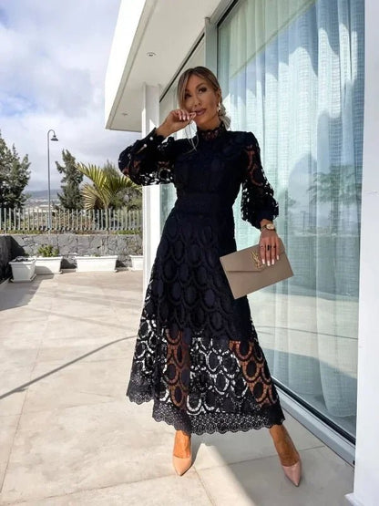 Mock Neck Puff Sleeve Eyelet Lace Inset Waist Scalloped Hem Midi Dress