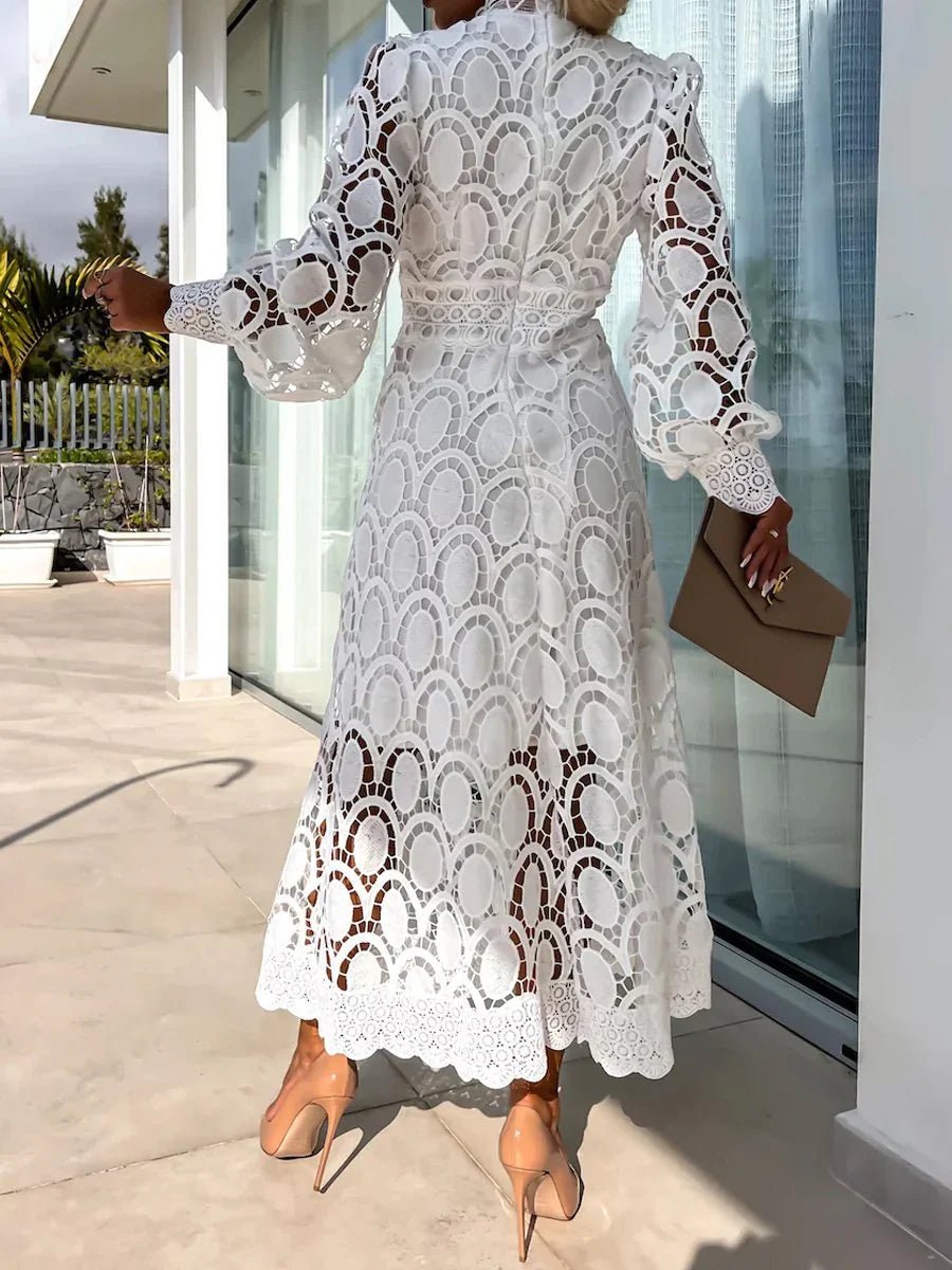 Mock Neck Puff Sleeve Eyelet Lace Inset Waist Scalloped Hem Midi Dress