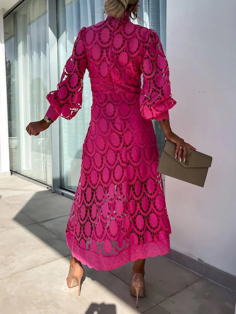 Mock Neck Puff Sleeve Eyelet Lace Inset Waist Scalloped Hem Midi Dress