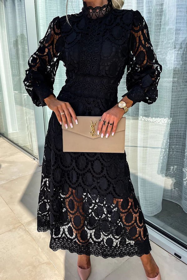 Mock Neck Puff Sleeve Eyelet Lace Inset Waist Scalloped Hem Midi Dress
