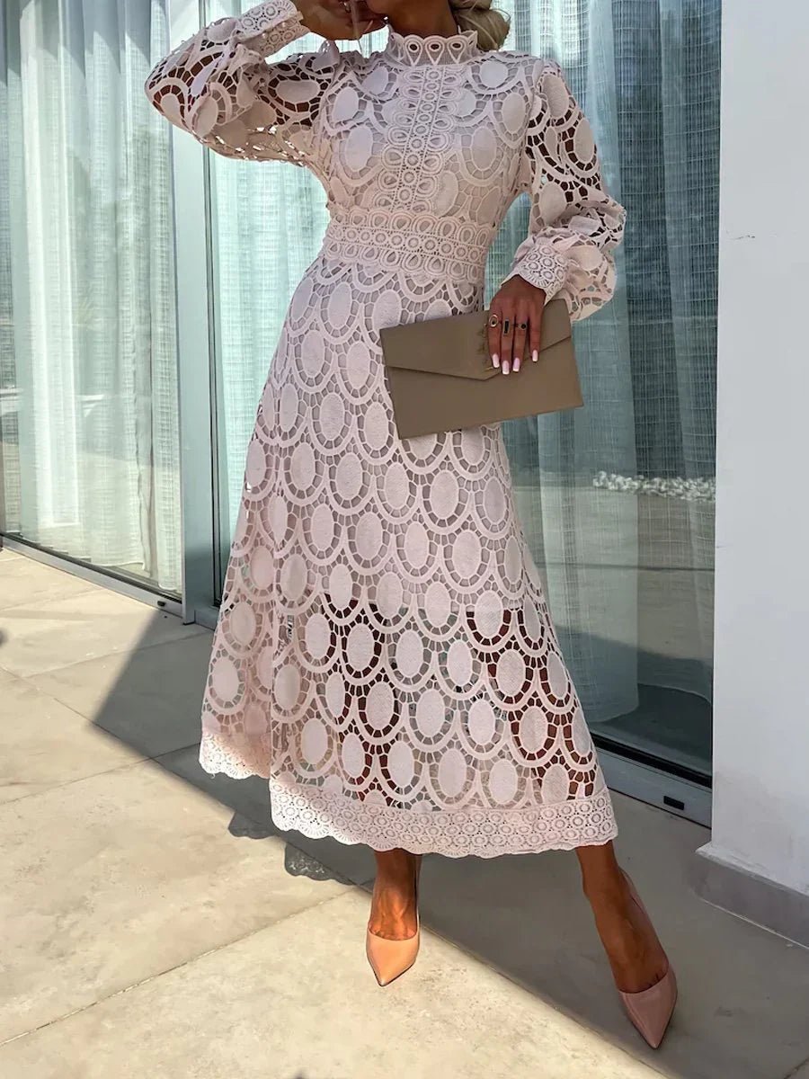 Mock Neck Puff Sleeve Eyelet Lace Inset Waist Scalloped Hem Midi Dress