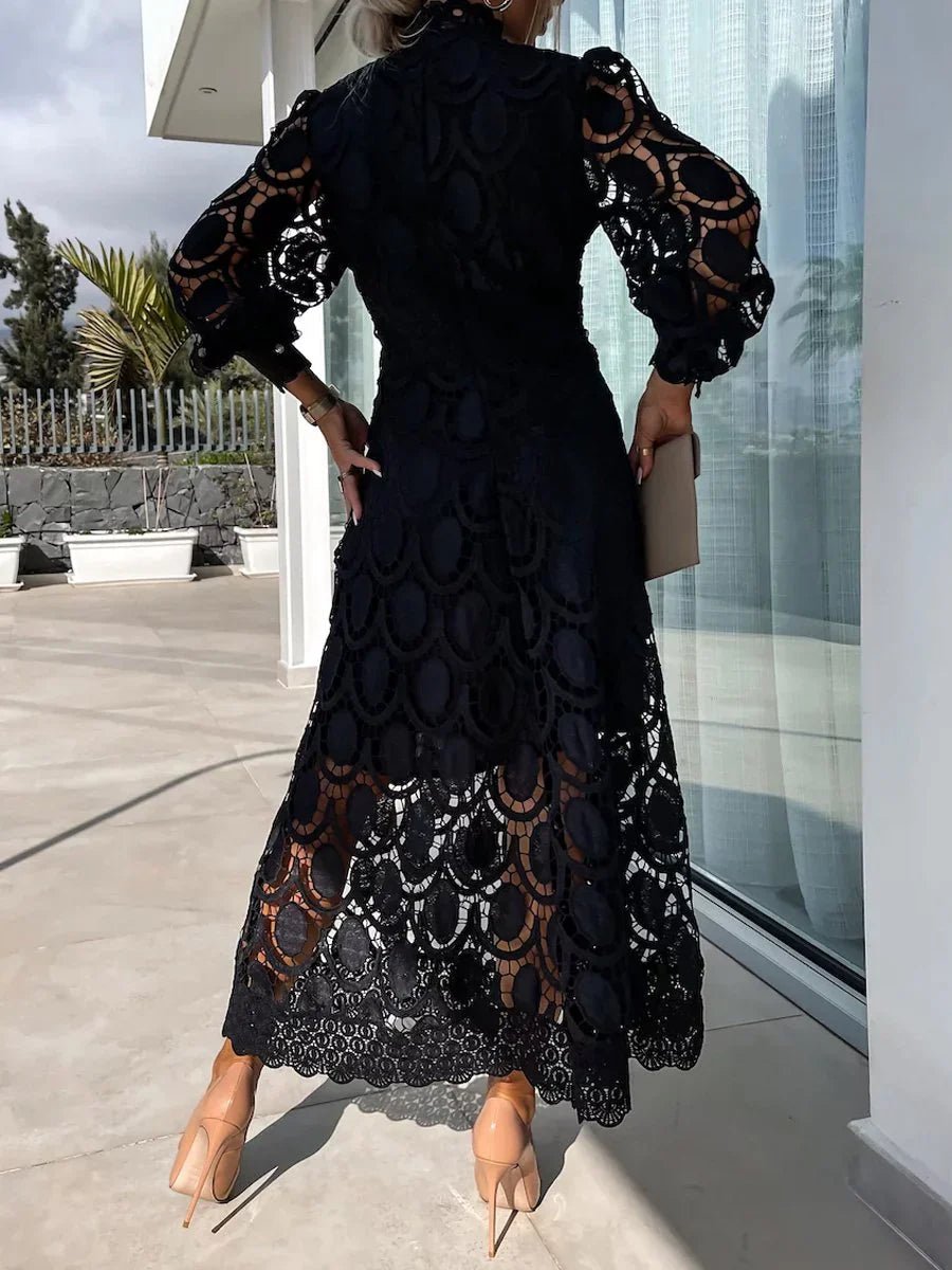 Mock Neck Puff Sleeve Eyelet Lace Inset Waist Scalloped Hem Midi Dress