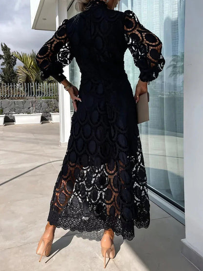 Mock Neck Puff Sleeve Eyelet Lace Inset Waist Scalloped Hem Midi Dress
