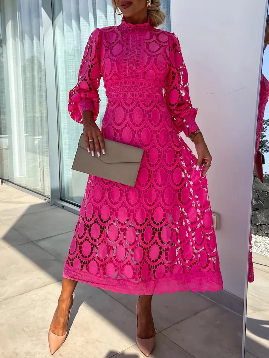 Mock Neck Puff Sleeve Eyelet Lace Inset Waist Scalloped Hem Midi Dress
