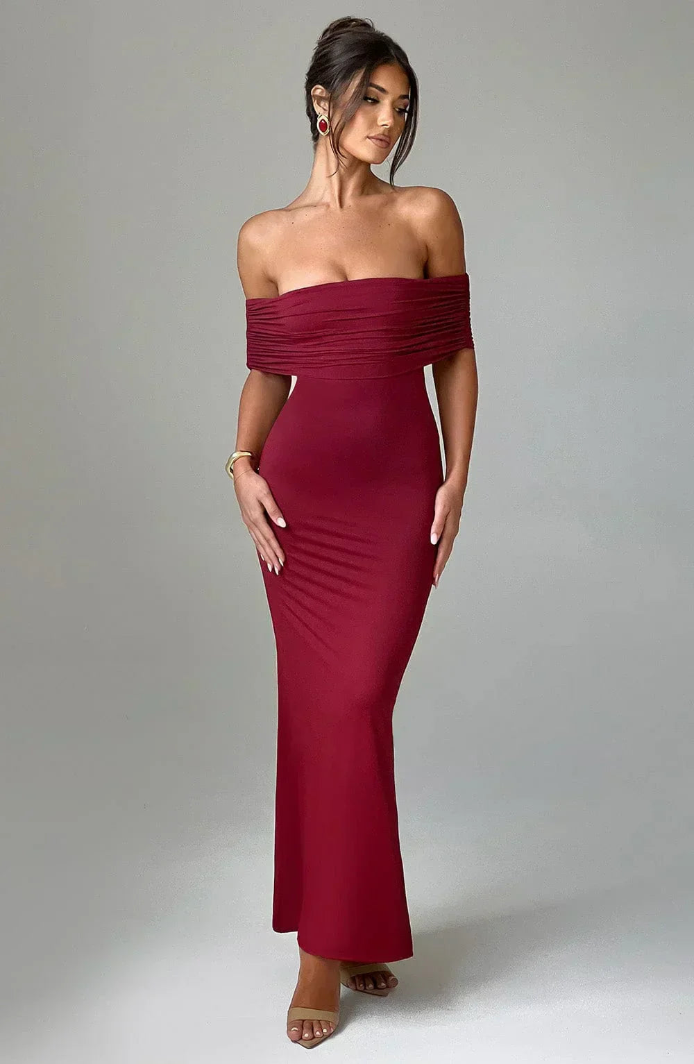 Off Shoulder Ruched Band Bodycon Column Maxi Gown