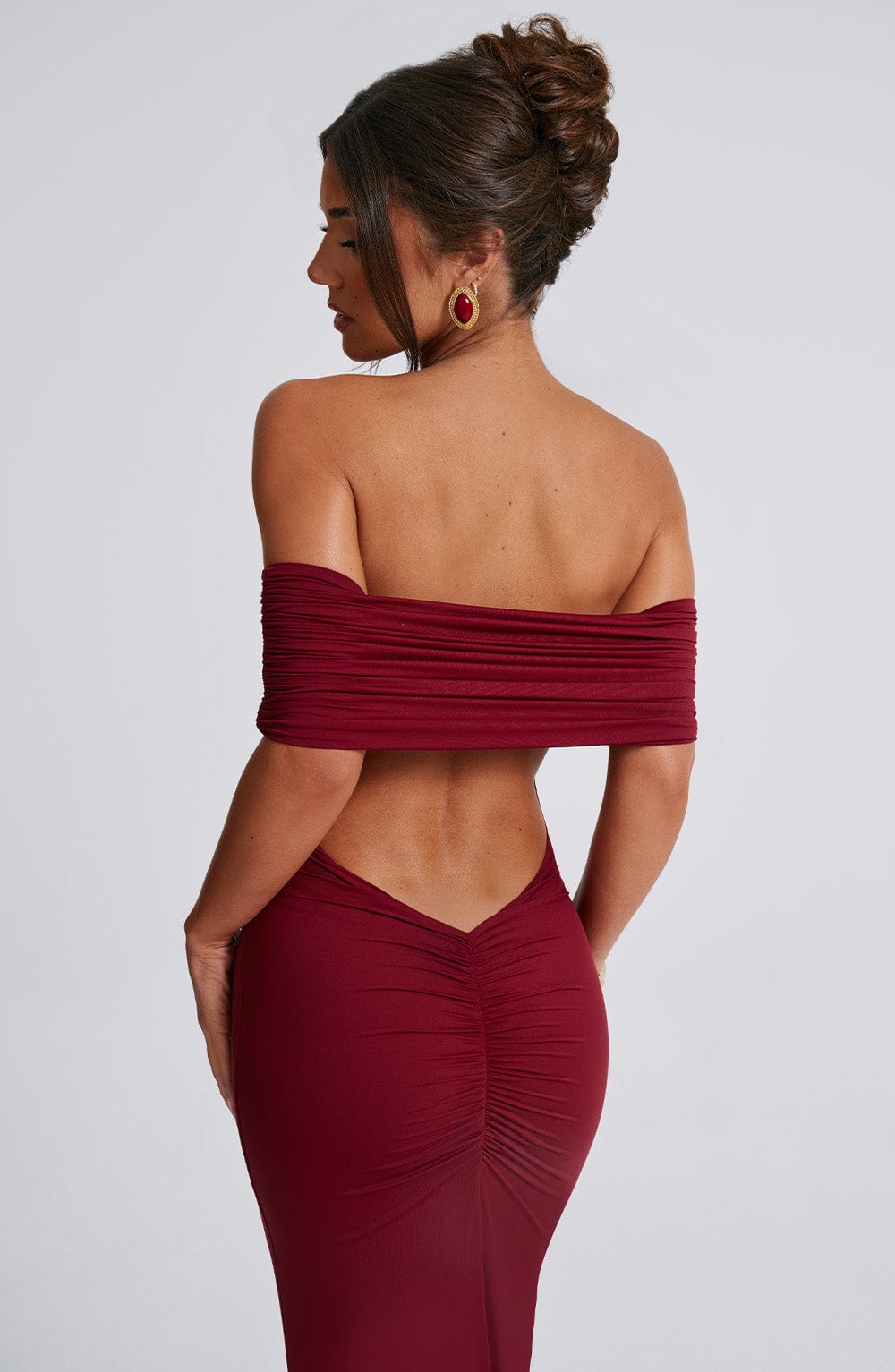 Off Shoulder Ruched Band Bodycon Column Maxi Gown