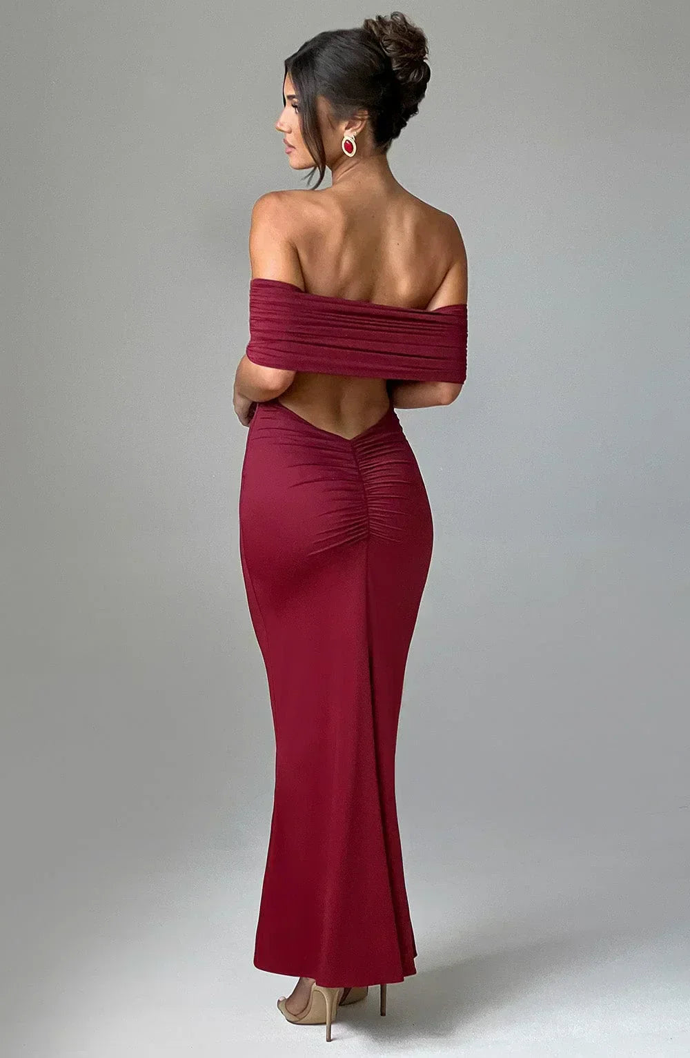 Off Shoulder Ruched Band Bodycon Column Maxi Gown