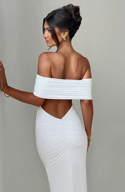 Off Shoulder Ruched Band Bodycon Column Maxi Gown