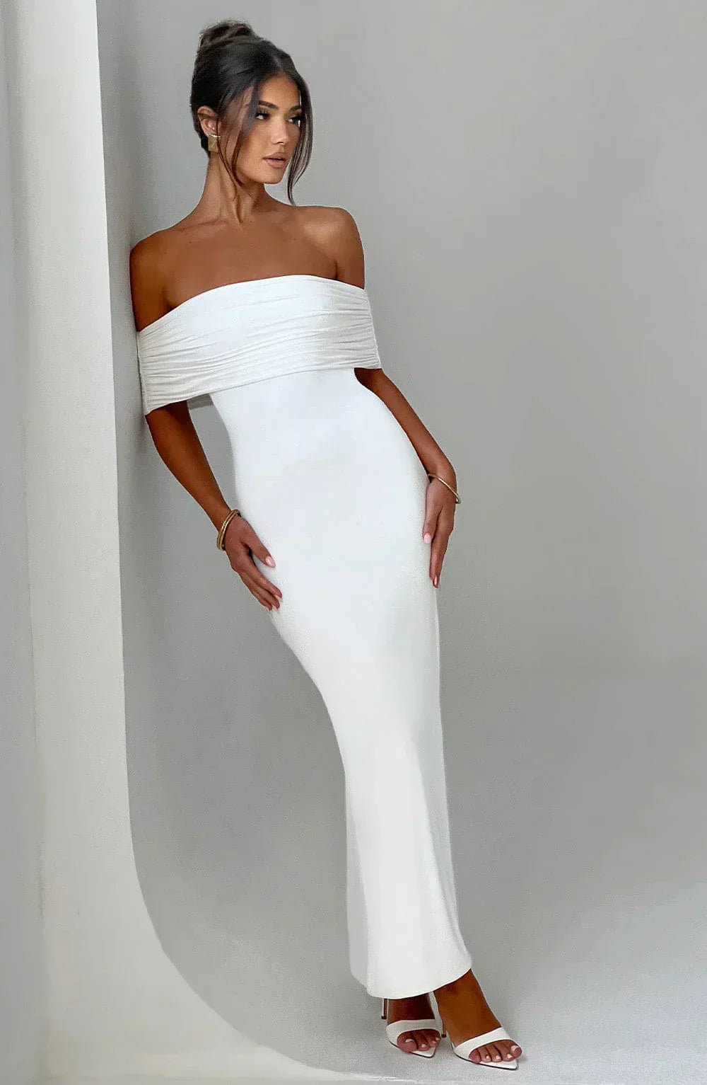 Off Shoulder Ruched Band Bodycon Column Maxi Gown