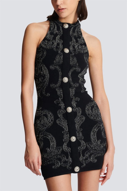 Baroque Damask Knit Halter Mock Neck Button Front Bodycon Mini Dress