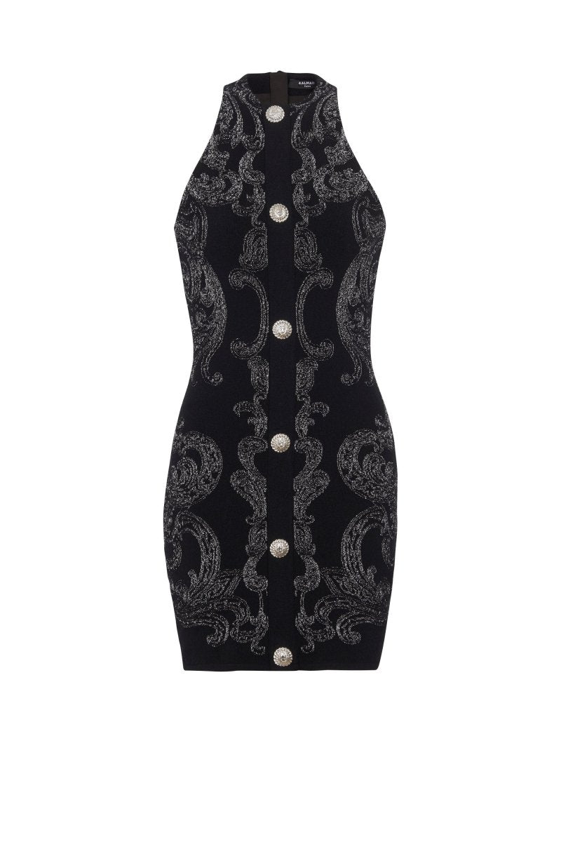 Baroque Damask Knit Halter Mock Neck Button Front Bodycon Mini Dress