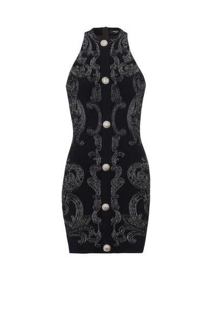 High Neck Sleeveless Metallic Jacquard Button Front Bodycon Mini Dress