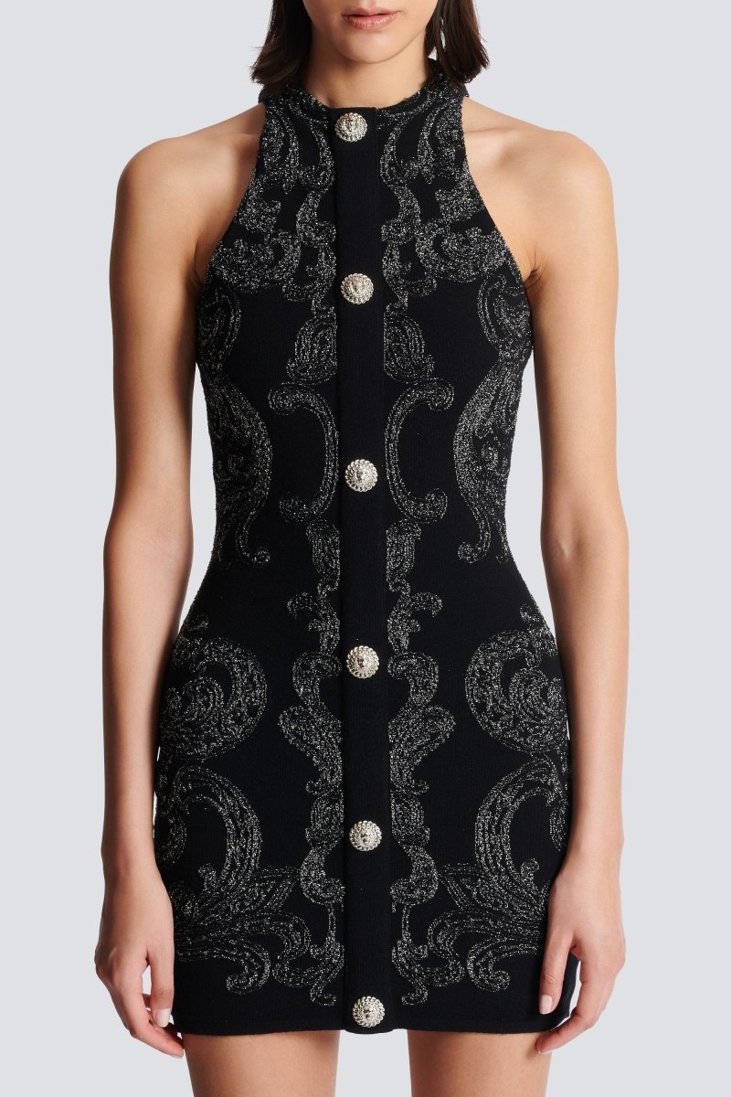High Neck Sleeveless Metallic Jacquard Button Front Bodycon Mini Dress