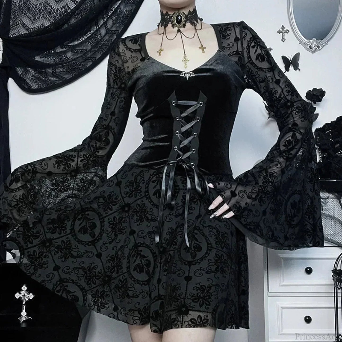 Bell Sleeve Mesh Mini Dress
