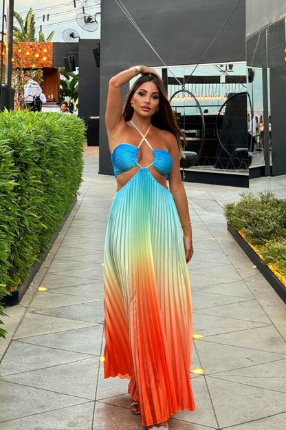 Halter Plunging V-Neck Side Cutout Accordion Pleat Ombre Maxi Dress