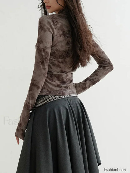 Belted Patchwork Loose Elegant Skirt