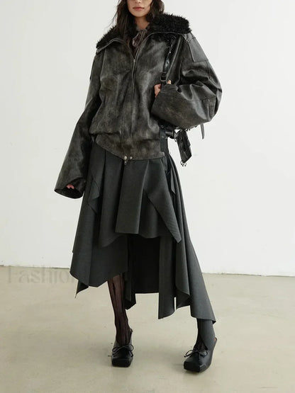 Belted Patchwork Loose Elegant Skirt