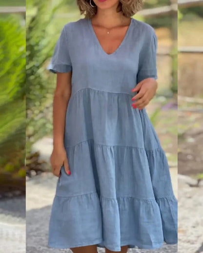 V-Neck Short Sleeve Three-Tier Babydoll Flowy Midi Dress
