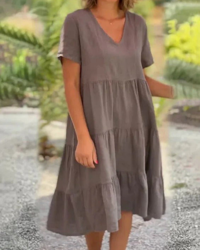 V-Neck Short Sleeve Three-Tier Babydoll Flowy Midi Dress