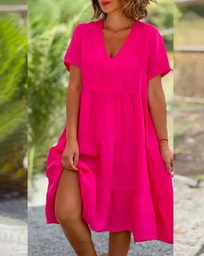 V-Neck Short Sleeve Three-Tier Babydoll Flowy Midi Dress