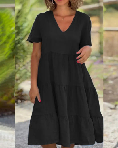 V-Neck Short Sleeve Three-Tier Babydoll Flowy Midi Dress