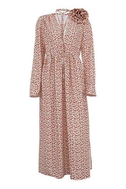 Ditsy Floral Print Deep V-Neck Rosette Shoulder Neck Tie High Slit Maxi Dress