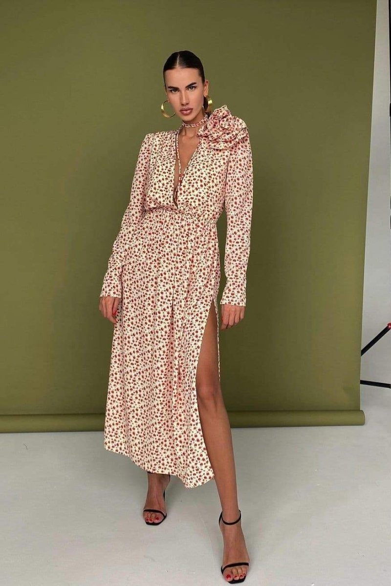 Ditsy Floral Print Deep V-Neck Rosette Shoulder Neck Tie High Slit Maxi Dress