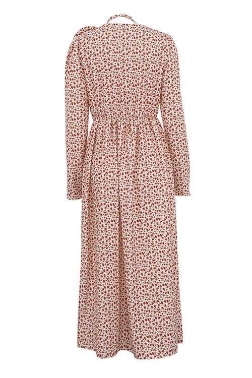 Ditsy Floral Print Deep V-Neck Rosette Shoulder Neck Tie High Slit Maxi Dress