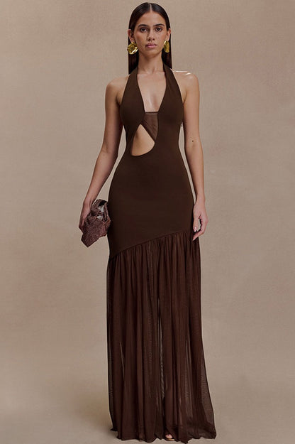 | Asymmetrical Cutout Backless Fitted Maxi Dress