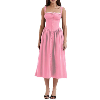 Lace Trim Corset Button Front Basque Waist Fit and Flare Midi Dress