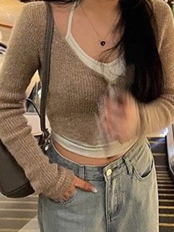 Contrast Color Halter Two Piece Long Sleeve Knit