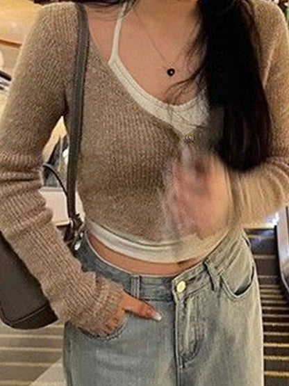 Contrast Color Halter Two Piece Long Sleeve Knit