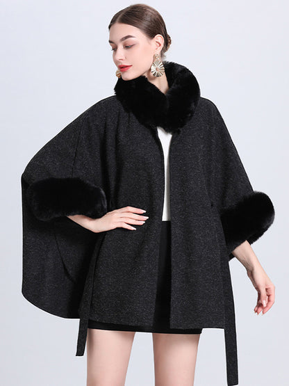 Women Poncho High Collar Light Gray Oversized Faux Fur Cape