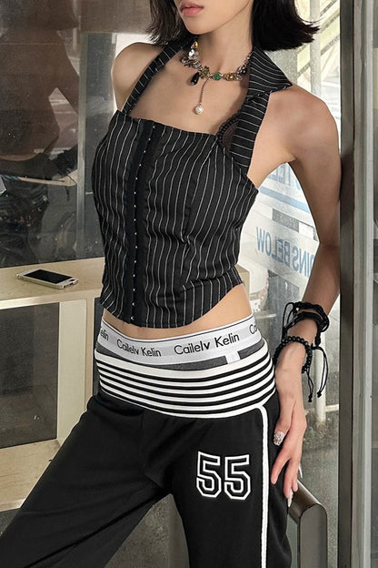 Stripe Bodycon Corset Lace Trim Crop Top