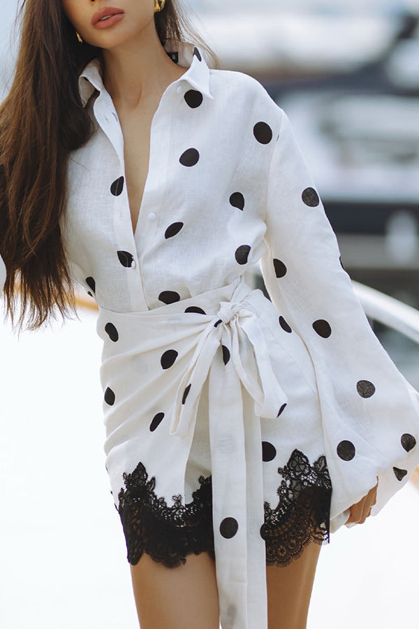 Lulabell Linen Blend Polka Dot Lantern Sleeve Shirt and Warp Tie-up Lace Trim Skirt Set
