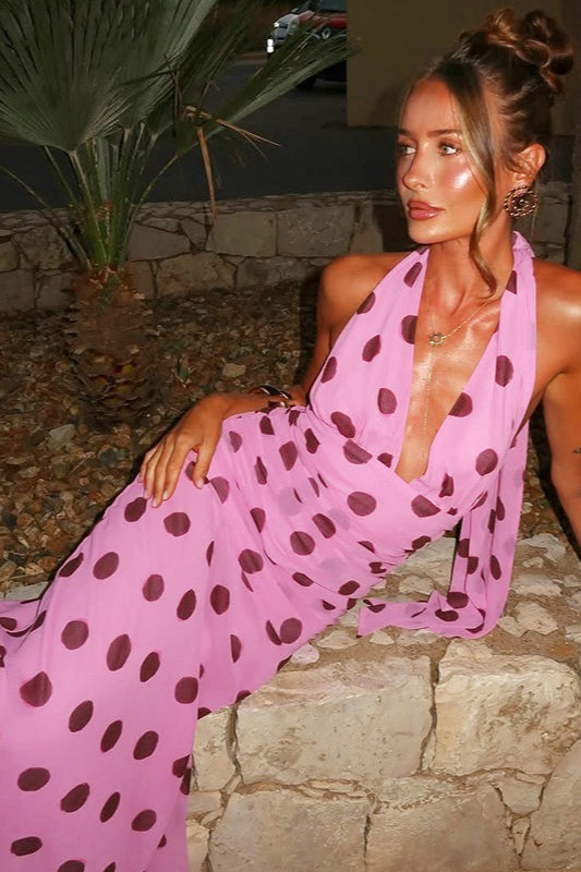 | Polka Dot Halter V-neck Maxi Dress