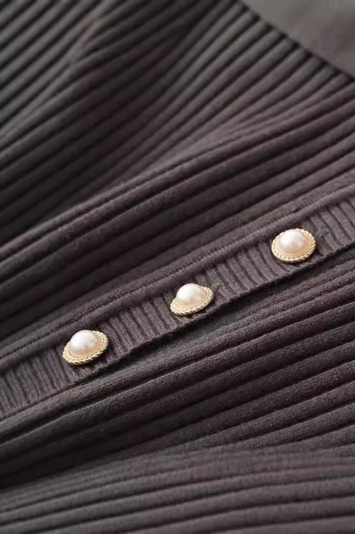 Rib Knit Polo Collar Pearl Button Long Sleeve Maxi Sweater Dress