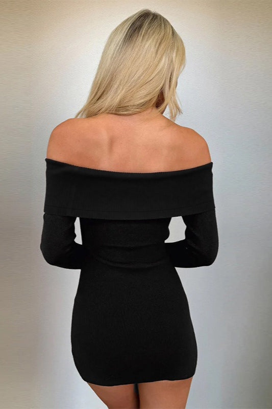 Off Shoulder Foldover Rib Knit Long Sleeve Bodycon Mini Dress