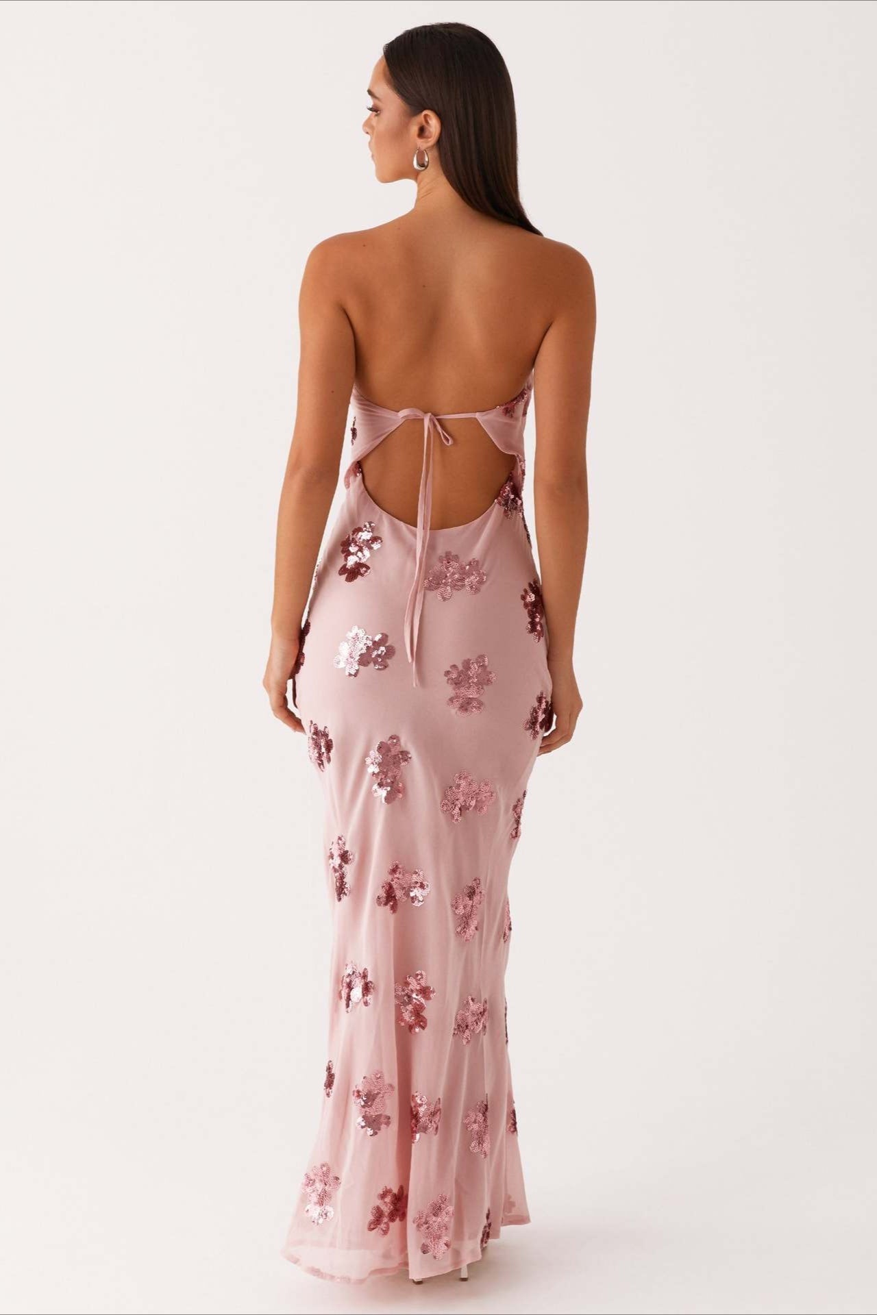 Strapless Sequin Floral Embellished Sheer Mesh Column Maxi Gown
