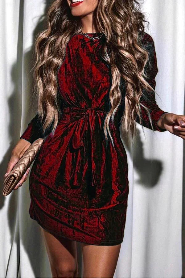 Crew Neck Tie Front Knot Crushed Velvet Long Sleeve Mini Dress